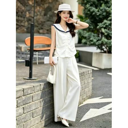 BY18710# 专柜品质夏新款亚麻海军领小衫上衣高腰阔腿休闲裤时尚套装女 服裝批發女裝批發服飾貨源