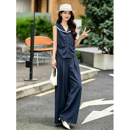 BY18710# 专柜品质夏新款亚麻海军领小衫上衣高腰阔腿休闲裤时尚套装女 服裝批發女裝批發服飾貨源