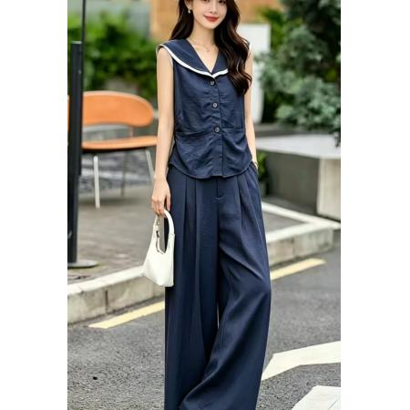 BY18710# 专柜品质夏新款亚麻海军领小衫上衣高腰阔腿休闲裤时尚套装女 服裝批發女裝批發服飾貨源