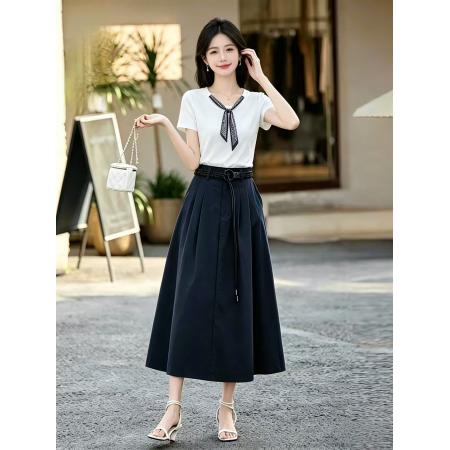 BY18711# 专柜品质夏季新款韩版文艺休闲通勤气质显瘦百搭上下套长裙 服裝批發女裝批發服飾貨源