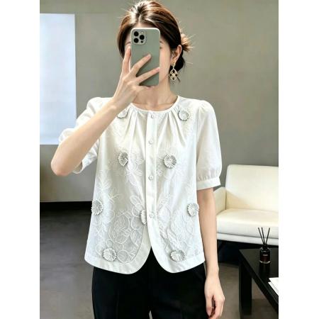 BY18713# 专柜品质夏季短袖上衣薄款新款韩版宽松气质刺绣小个子小衫 服裝批發女裝批發服飾貨源