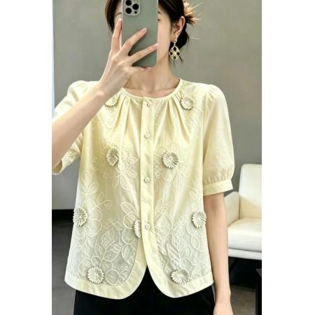 BY18713# 专柜品质夏季短袖上衣薄款新款韩版宽松气质刺绣小个子小衫 服裝批發女裝批發服飾貨源