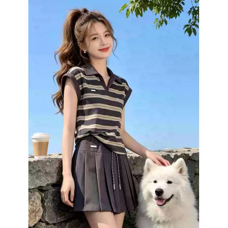 BY18715# 条纹polo领短袖T恤女夏季新款学院风休闲百褶短裙减龄两件套 服裝批發女裝批發服飾貨源