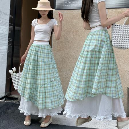 BY18716# 碎花半身裙女夏绿色多巴胺中长款半身裙双层垂坠感高腰A字伞裙 服裝批發女裝批發服飾貨源