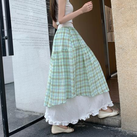 BY18716# 碎花半身裙女夏绿色多巴胺中长款半身裙双层垂坠感高腰A字伞裙 服裝批發女裝批發服飾貨源