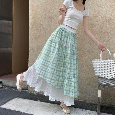 BY18716# 碎花半身裙女夏绿色多巴胺中长款半身裙双层垂坠感高腰A字伞裙 服裝批發女裝批發服飾貨源