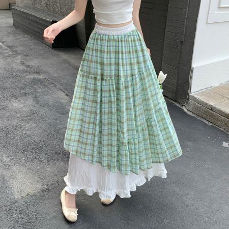 BY18716# 碎花半身裙女夏绿色多巴胺中长款半身裙双层垂坠感高腰A字伞裙 服裝批發女裝批發服飾貨源