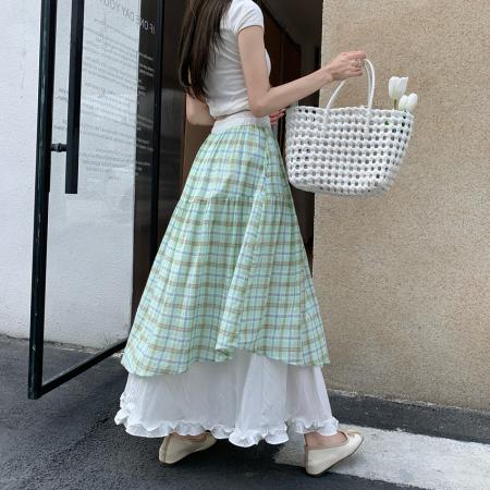 BY18716# 碎花半身裙女夏绿色多巴胺中长款半身裙双层垂坠感高腰A字伞裙 服裝批發女裝批發服飾貨源