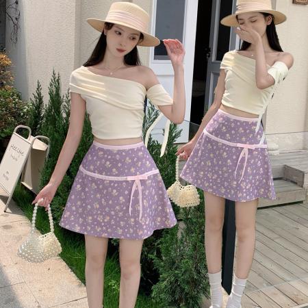 BY18717# 设计感半身裙女淡紫碎花短裙缎带蝴蝶结短款半身裙女A字裙 服裝批發女裝批發服飾貨源