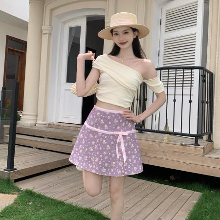 BY18717# 设计感半身裙女淡紫碎花短裙缎带蝴蝶结短款半身裙女A字裙 服裝批發女裝批發服飾貨源