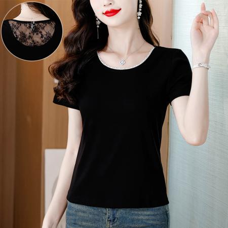 BY18719# 夏季新款圆领钉珠短袖T恤女设计感后背蕾丝洋气百搭显瘦上衣 服裝批發女裝批發服飾貨源