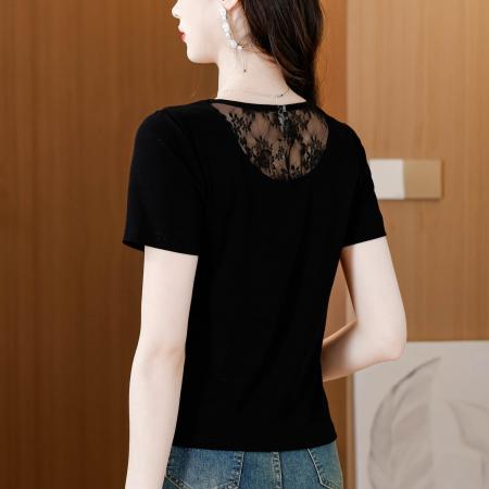 BY18719# 夏季新款圆领钉珠短袖T恤女设计感后背蕾丝洋气百搭显瘦上衣 服裝批發女裝批發服飾貨源