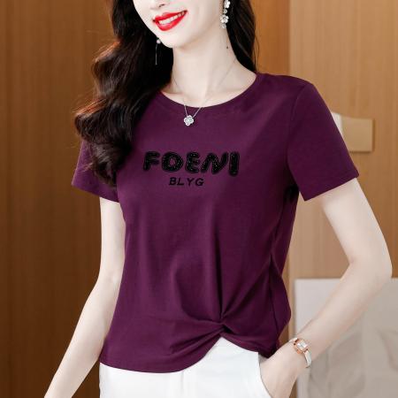 BY18721# 夏季新款圆领字母烫钻短袖T恤女下摆扭结设计感显瘦紫色上衣 服裝批發女裝批發服飾貨源