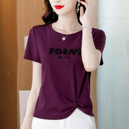 BY18721# 夏季新款圆领字母烫钻短袖T恤女下摆扭结设计感显瘦紫色上衣 服裝批發女裝批發服飾貨源