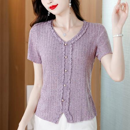 BY18722# 夏季新款温柔风V领木耳边短袖T恤女单排扣收腰显瘦洋气上衣 服裝批發女裝批發服飾貨源