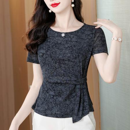 BY18723# 夏上新圆领简约气质网纱短袖T恤女腰部扭结设计收腰显瘦上衣 服裝批發女裝批發服飾貨源