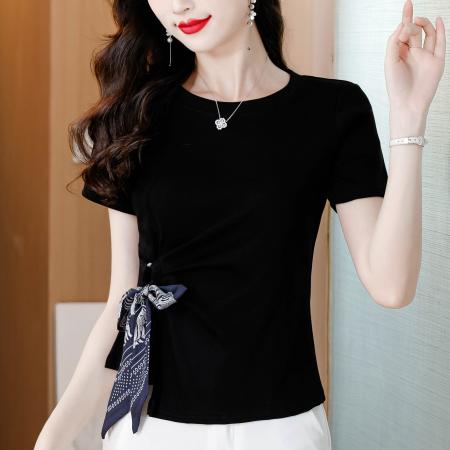 BY18724# 夏季新款圆领短袖T恤女设计感侧边绑带修身显瘦百搭洋气上衣 服裝批發女裝批發服飾貨源