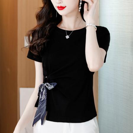 BY18724# 夏季新款圆领短袖T恤女设计感侧边绑带修身显瘦百搭洋气上衣 服裝批發女裝批發服飾貨源