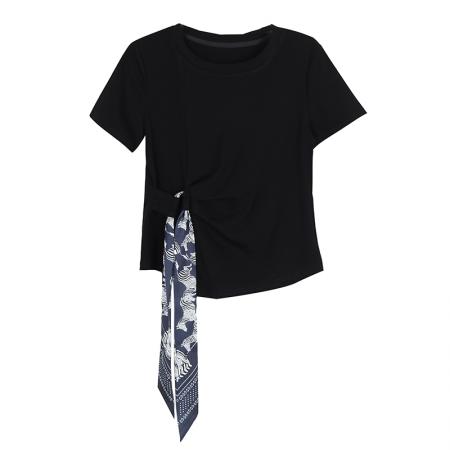 BY18724# 夏季新款圆领短袖T恤女设计感侧边绑带修身显瘦百搭洋气上衣 服裝批發女裝批發服飾貨源