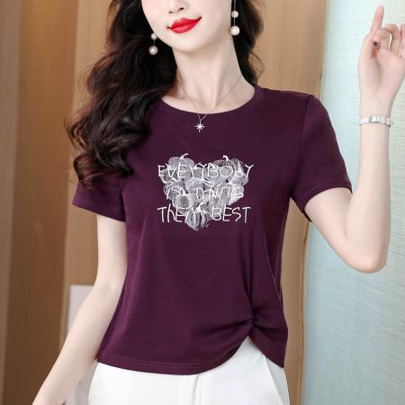 BY18725# 夏上新圆领爱心印花刺绣短袖T恤女侧边打结遮肉显瘦气质上衣 服裝批發女裝批發服飾貨源