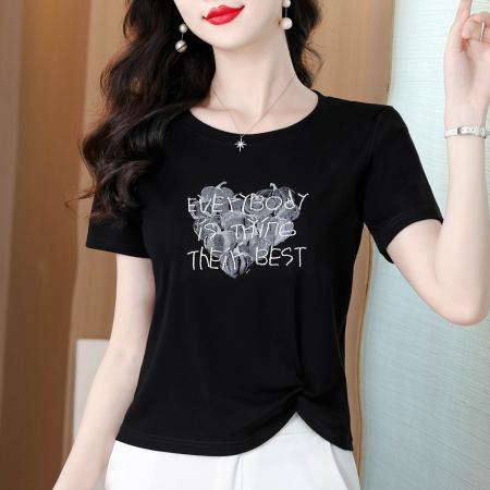 BY18725# 夏上新圆领爱心印花刺绣短袖T恤女侧边打结遮肉显瘦气质上衣 服裝批發女裝批發服飾貨源