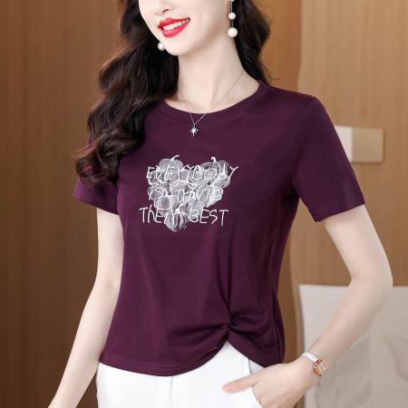 BY18725# 夏上新圆领爱心印花刺绣短袖T恤女侧边打结遮肉显瘦气质上衣 服裝批發女裝批發服飾貨源