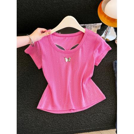 BY18726# 杏色圆领短袖T恤女夏新款镂空蝴蝶设计感显瘦体恤正肩短上衣 服裝批發女裝批發服飾貨源