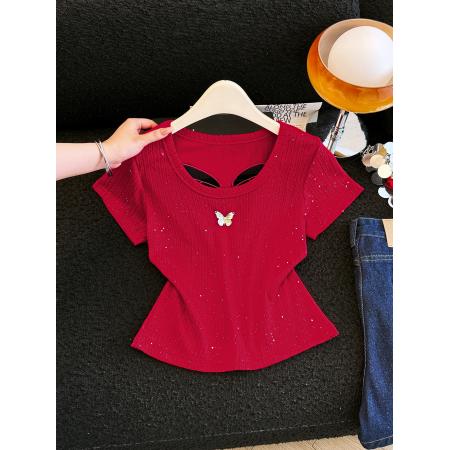 BY18726# 杏色圆领短袖T恤女夏新款镂空蝴蝶设计感显瘦体恤正肩短上衣 服裝批發女裝批發服飾貨源