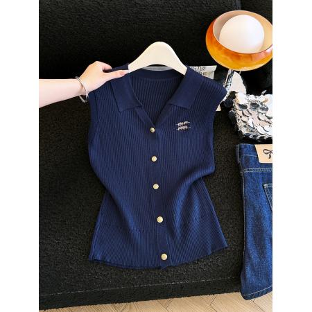 BY18727# 韩版polo领冰丝无袖针织开衫女夏季新款修身显瘦百搭马甲上衣 服裝批發女裝批發服飾貨源