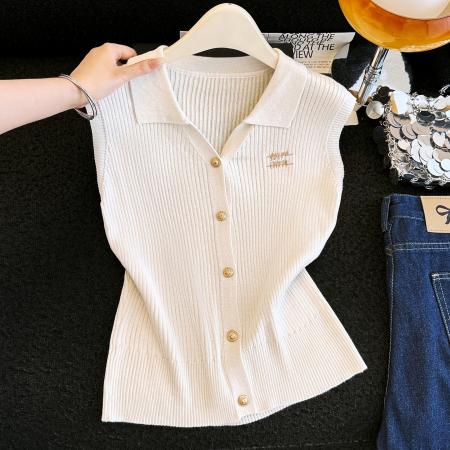 BY18727# 韩版polo领冰丝无袖针织开衫女夏季新款修身显瘦百搭马甲上衣 服裝批發女裝批發服飾貨源