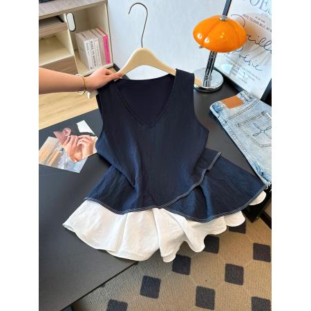 BY18729# 夏季V领背心荷叶边下摆女宽松休闲时尚百搭假两件上衣衫 服裝批發女裝批發服飾貨源