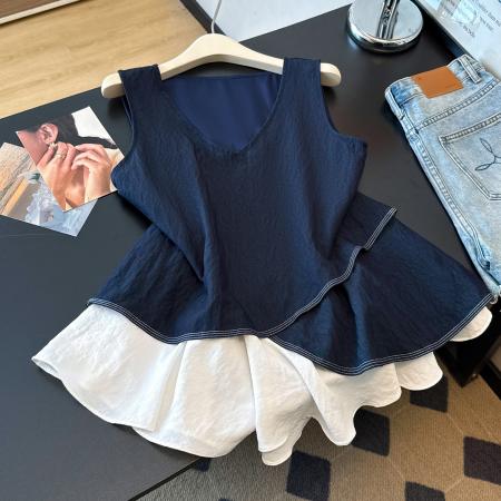BY18729# 夏季V领背心荷叶边下摆女宽松休闲时尚百搭假两件上衣衫 服裝批發女裝批發服飾貨源