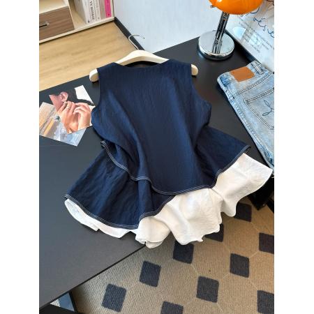 BY18729# 夏季V领背心荷叶边下摆女宽松休闲时尚百搭假两件上衣衫 服裝批發女裝批發服飾貨源