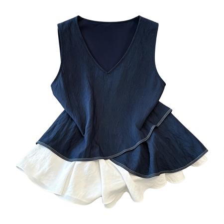 BY18729# 夏季V领背心荷叶边下摆女宽松休闲时尚百搭假两件上衣衫 服裝批發女裝批發服飾貨源