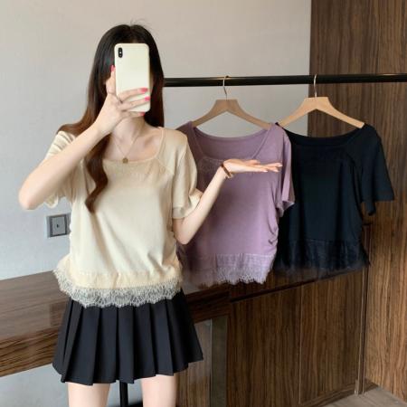 BY18730# 大码胖MM夏季新款蕾丝拼接法式方领正肩短袖上衣T恤 服裝批發女裝批發服飾貨源