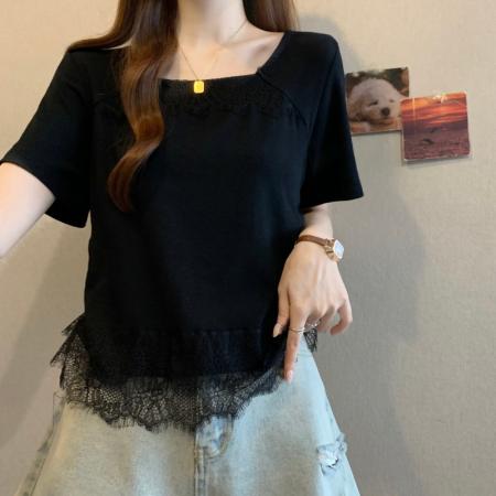 BY18730# 大码胖MM夏季新款蕾丝拼接法式方领正肩短袖上衣T恤 服裝批發女裝批發服飾貨源