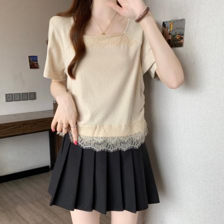 BY18730# 大码胖MM夏季新款蕾丝拼接法式方领正肩短袖上衣T恤 服裝批發女裝批發服飾貨源