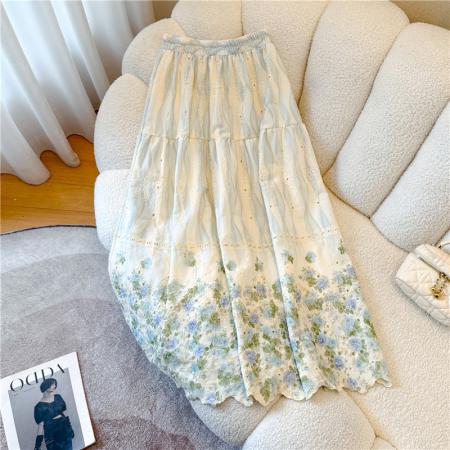 BY18739# 新中式国风刺绣棉麻碎花半身裙女夏季高腰显瘦A字宽松大摆裙 服裝批發女裝批發服飾貨源