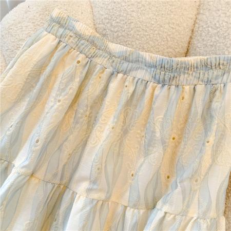 BY18739# 新中式国风刺绣棉麻碎花半身裙女夏季高腰显瘦A字宽松大摆裙 服裝批發女裝批發服飾貨源