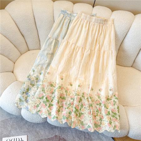 BY18739# 新中式国风刺绣棉麻碎花半身裙女夏季高腰显瘦A字宽松大摆裙 服裝批發女裝批發服飾貨源