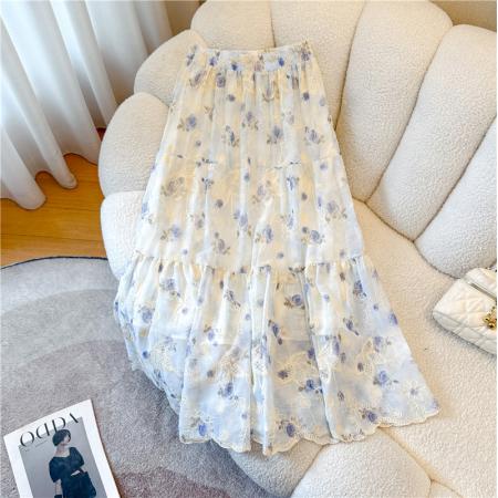 BY18740# 重工刺绣碎花百褶裙半身裙女夏季显瘦垂感a字伞裙长款大摆裙 服裝批發女裝批發服飾貨源