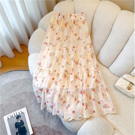 BY18740# 重工刺绣碎花百褶裙半身裙女夏季显瘦垂感a字伞裙长款大摆裙 服裝批發女裝批發服飾貨源