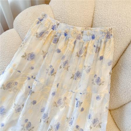 BY18740# 重工刺绣碎花百褶裙半身裙女夏季显瘦垂感a字伞裙长款大摆裙 服裝批發女裝批發服飾貨源