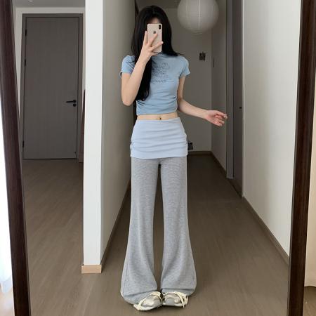 BY18741# 灰色拼接腰微喇裤女夏季新款宽松垂坠感休闲运动条纹喇叭裤女 服裝批發女裝批發服飾貨源