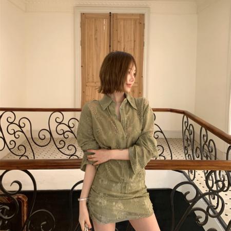 BY18743# 法式立领衬衫连衣裙女新款镂空花朵衬衣裙女 服裝批發女裝批發服飾貨源