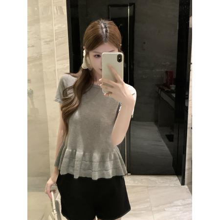 BY18745# 韩版百搭褶皱花边收腰短袖针织衫女夏季上衣潮 服裝批發女裝批發服飾貨源