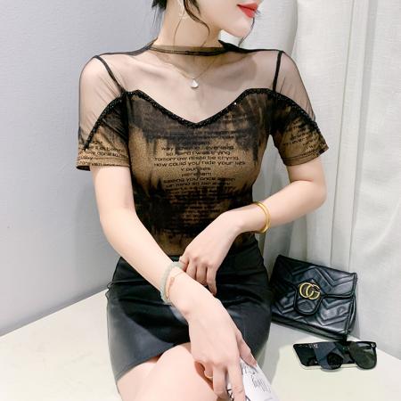 BY18746# 夏季新款V领镂空钉珠t恤女时尚网纱印花短袖修身显瘦潮 服裝批發女裝批發服飾貨源