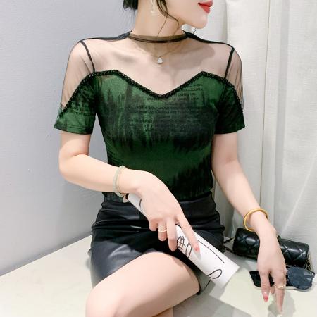 BY18746# 夏季新款V领镂空钉珠t恤女时尚网纱印花短袖修身显瘦潮 服裝批發女裝批發服飾貨源
