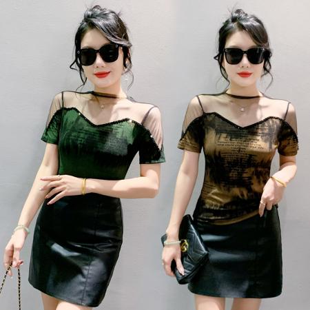 BY18746# 夏季新款V领镂空钉珠t恤女时尚网纱印花短袖修身显瘦潮 服裝批發女裝批發服飾貨源