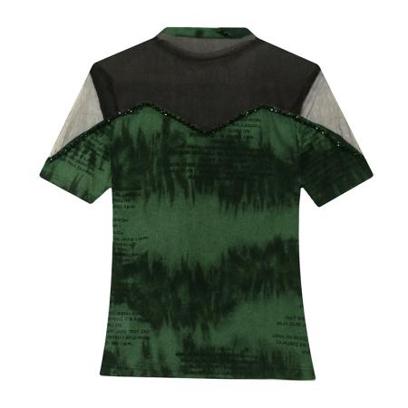 BY18746# 夏季新款V领镂空钉珠t恤女时尚网纱印花短袖修身显瘦潮 服裝批發女裝批發服飾貨源